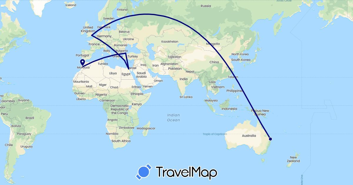 TravelMap itinerary: driving in Australia, Egypt, United Kingdom, Greece, Morocco, Turkey (Africa, Asia, Europe, Oceania)